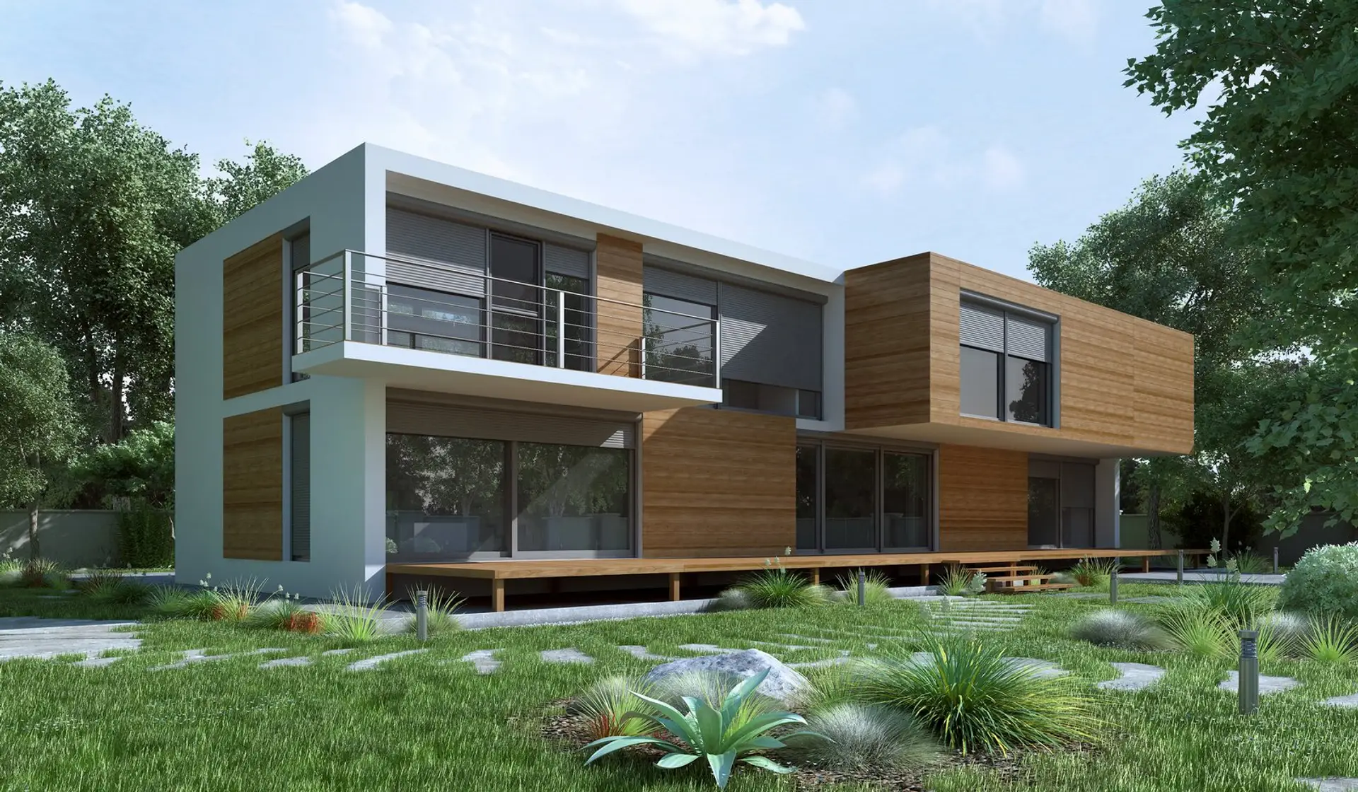 Modern home fitted with roller shutters