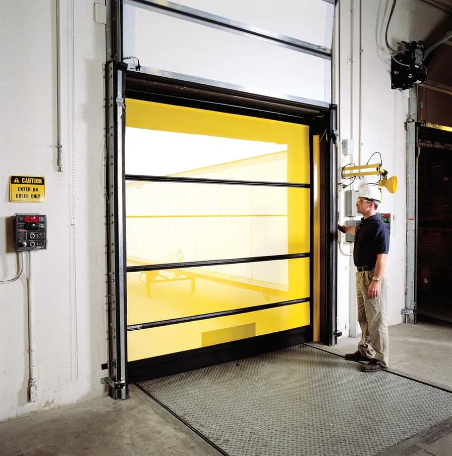 Motorized screen on a large industrial opening